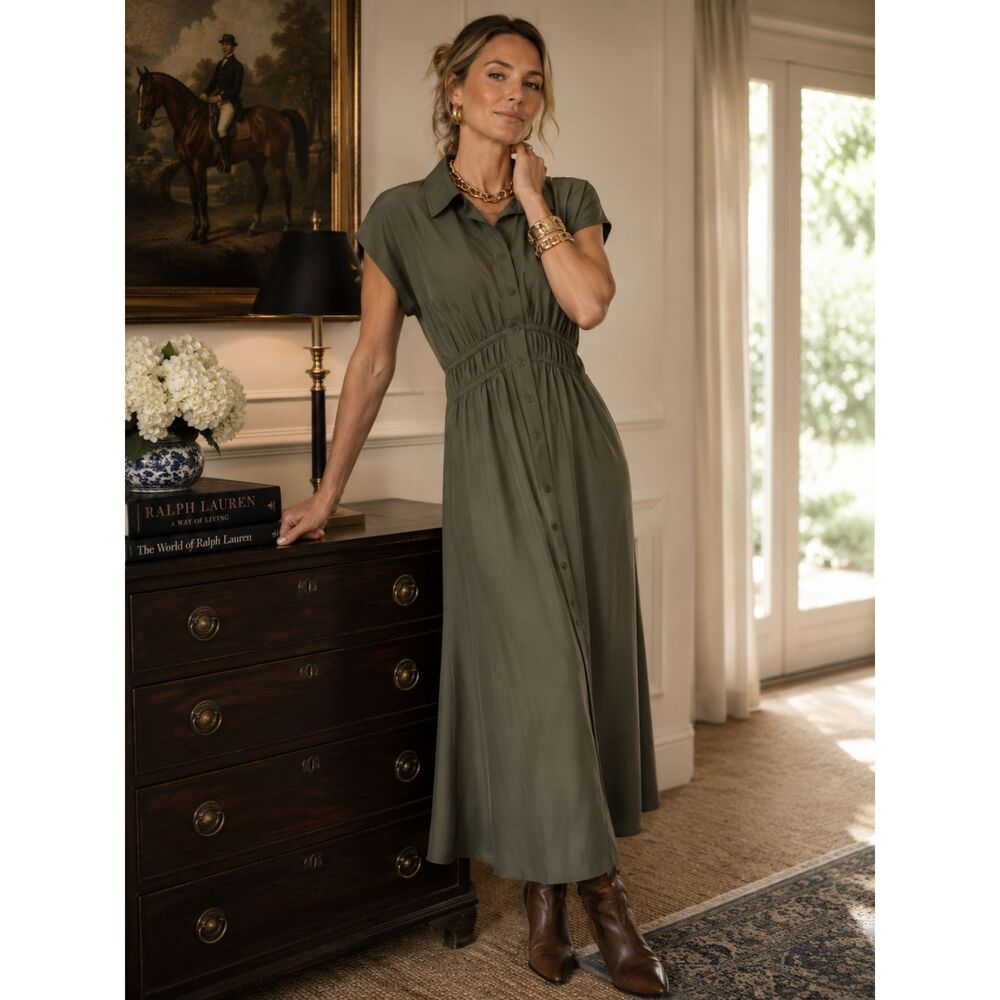 Calvin Klein Womens 14 Olive Green Midi Shirt Dress Ruched Waist Autumn Wedding